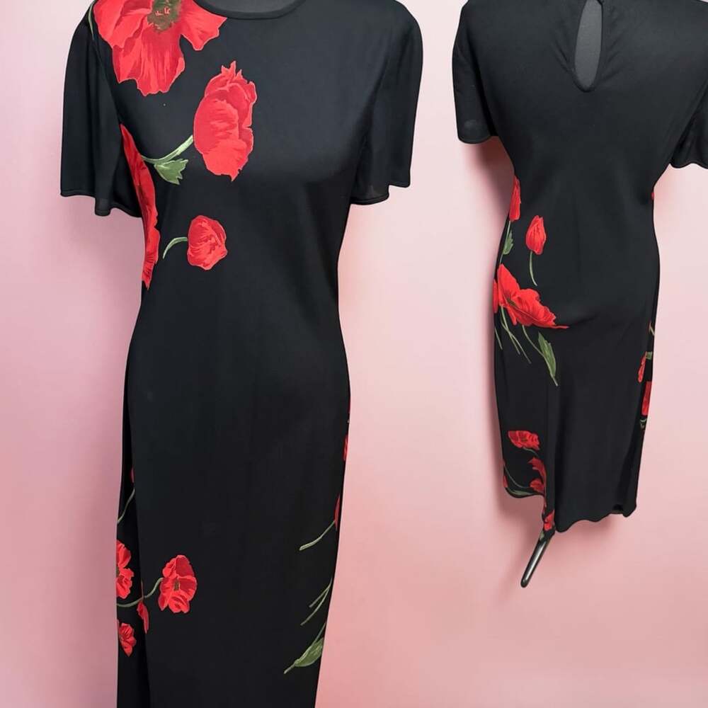 Liz Claiborne Black Red Floral Poppy Midi Dress Size 8 Rayon Maxi Cheongsam